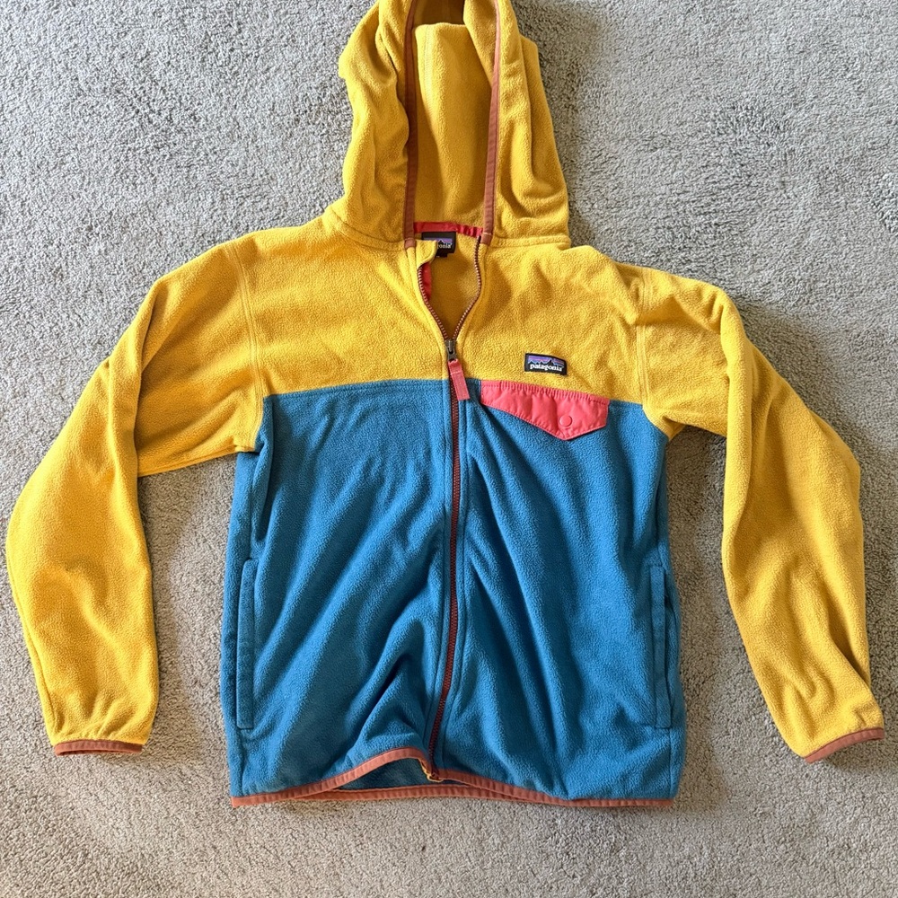 Patagonia Kids Hoodie in Yellow and Blue with Red Accent